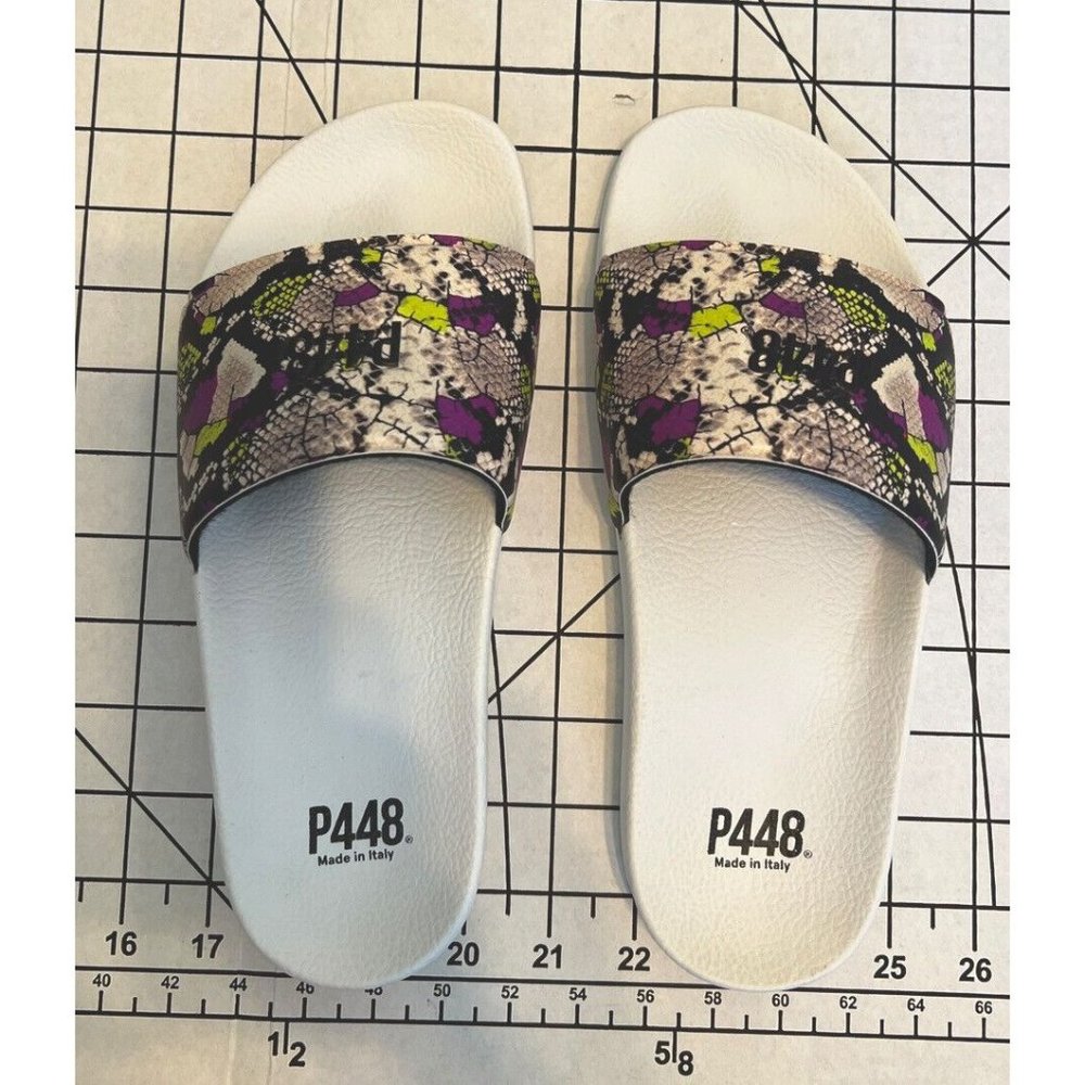 P448 slides sandals womens black purple lime‎ print 8.5